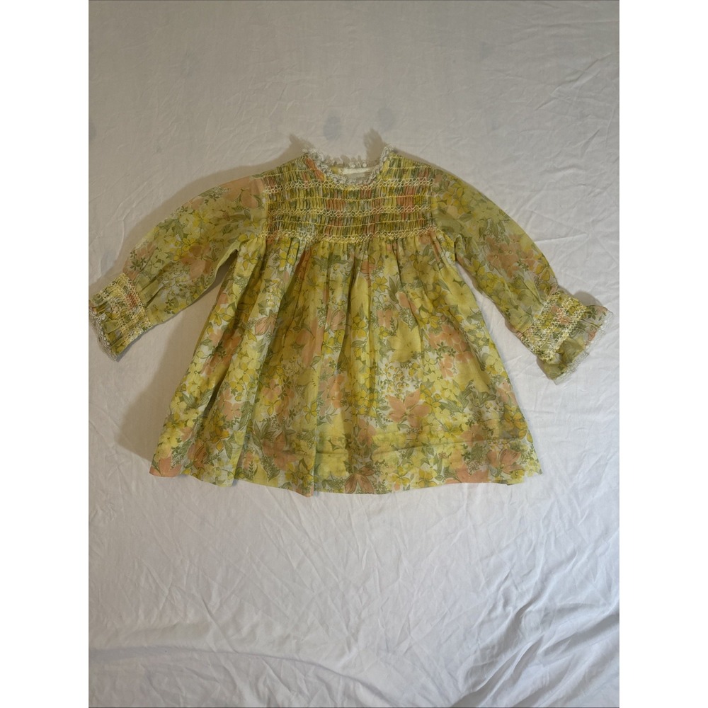 Vintage‎ Nannette Toddler Dress Top Size 2T Long Sleeve Yellow Floral Lace Cute!